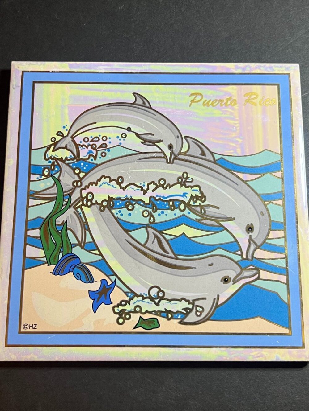 Whimsy Nautical Dolphins Puerto Rico Souvenir Square Ceramic Tile Wall Hanger 6"